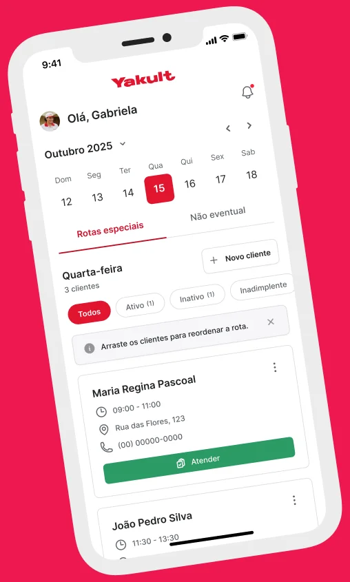 Tela do app Yakult Digital: rota semanal